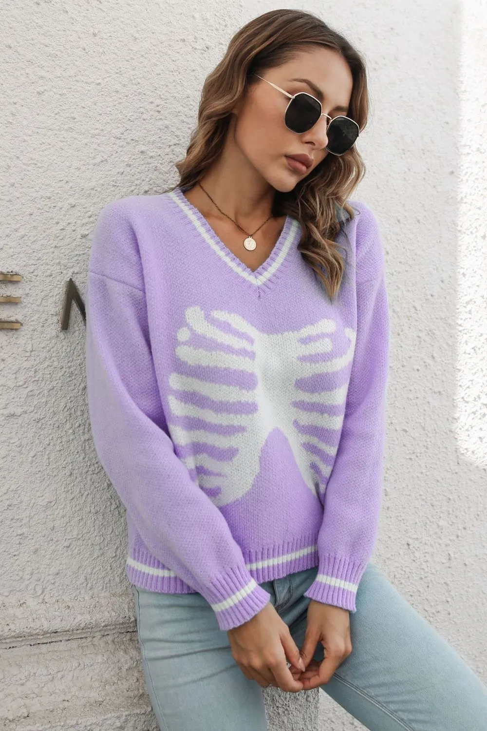Skeleton Pattern V-Neck Long Sleeve Pullover Sweater, image 4