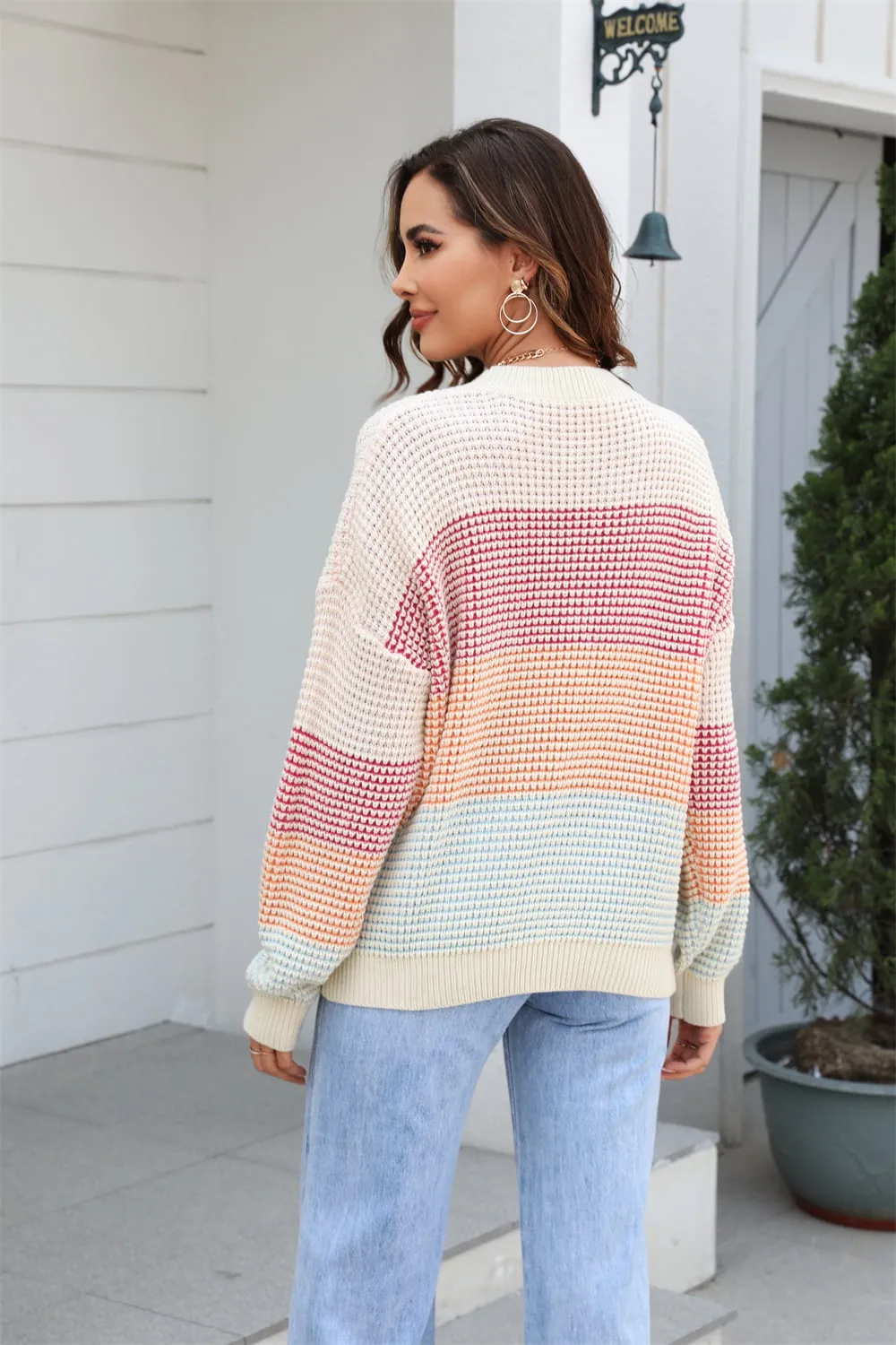 Waffle-Knit Round Neck Dropped Shoulder Color Block Sweater, image 8