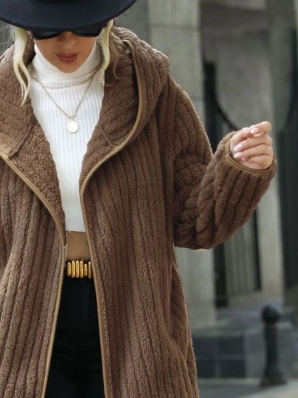 Open Front Ribbed Hooded Coat, image 11