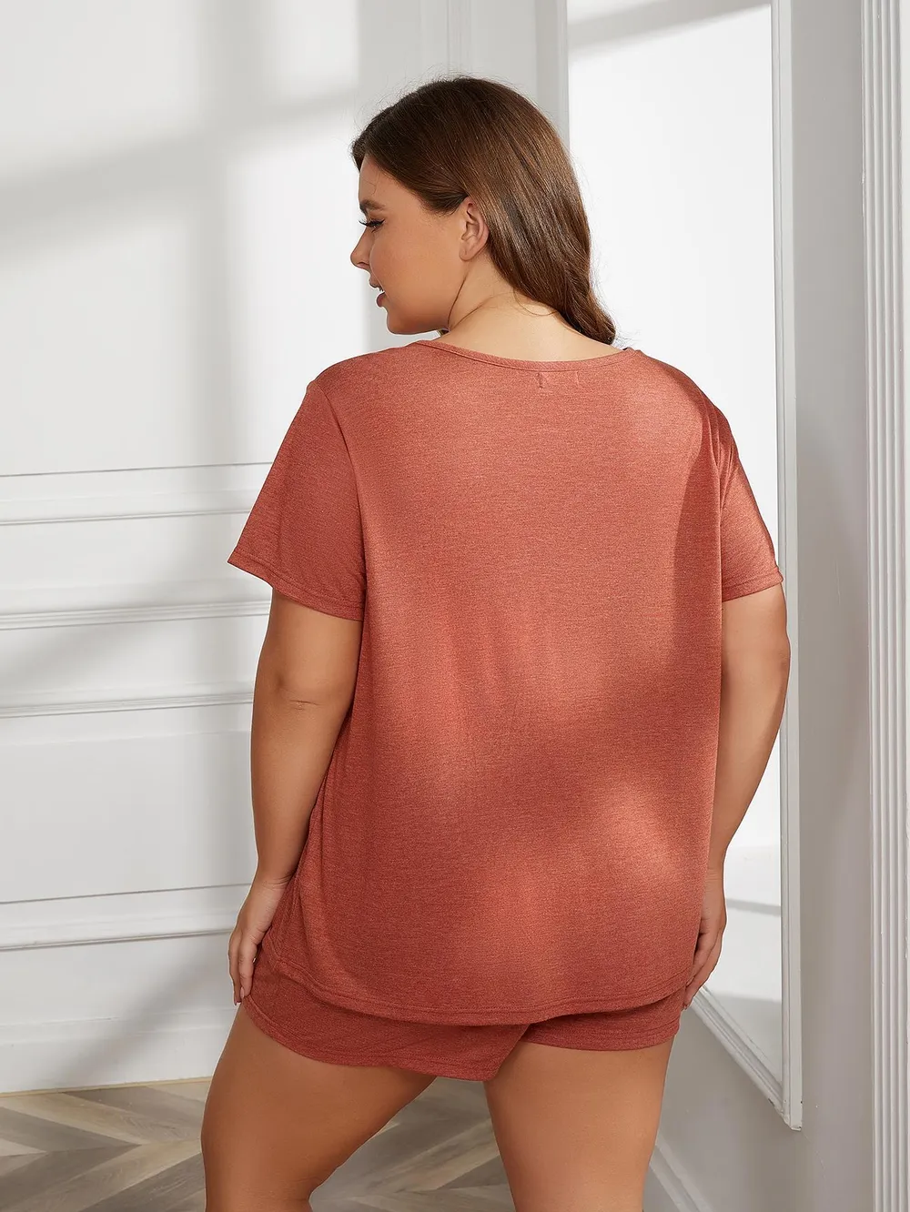 Plus Size Round Neck Short Sleeve Two-Piece Loungewear Set, image 4