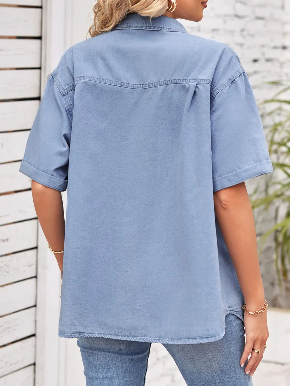 Collared Neck Short Sleeve Denim Jacket, image 7
