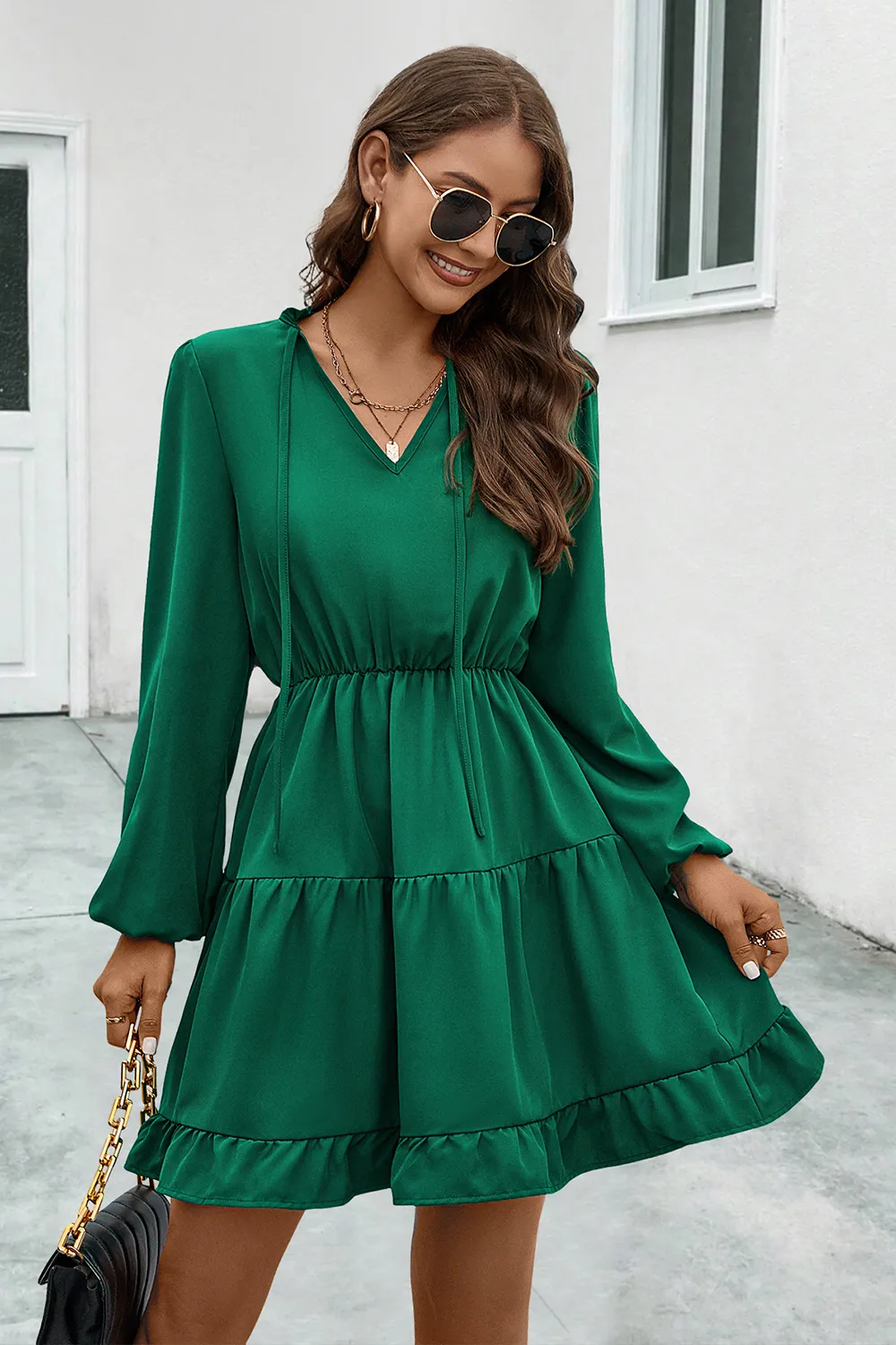 V-Neck Tie Neck Long Sleeve Dress, image 10