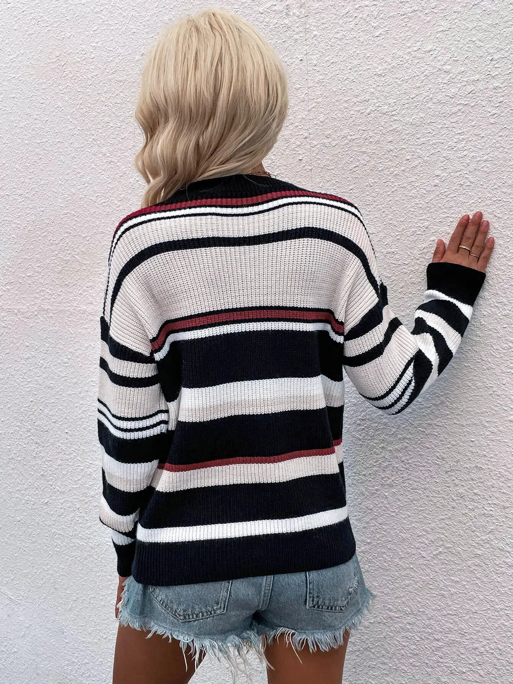 Striped Drop Shoulder Round Neck Pullover Sweater, image 12