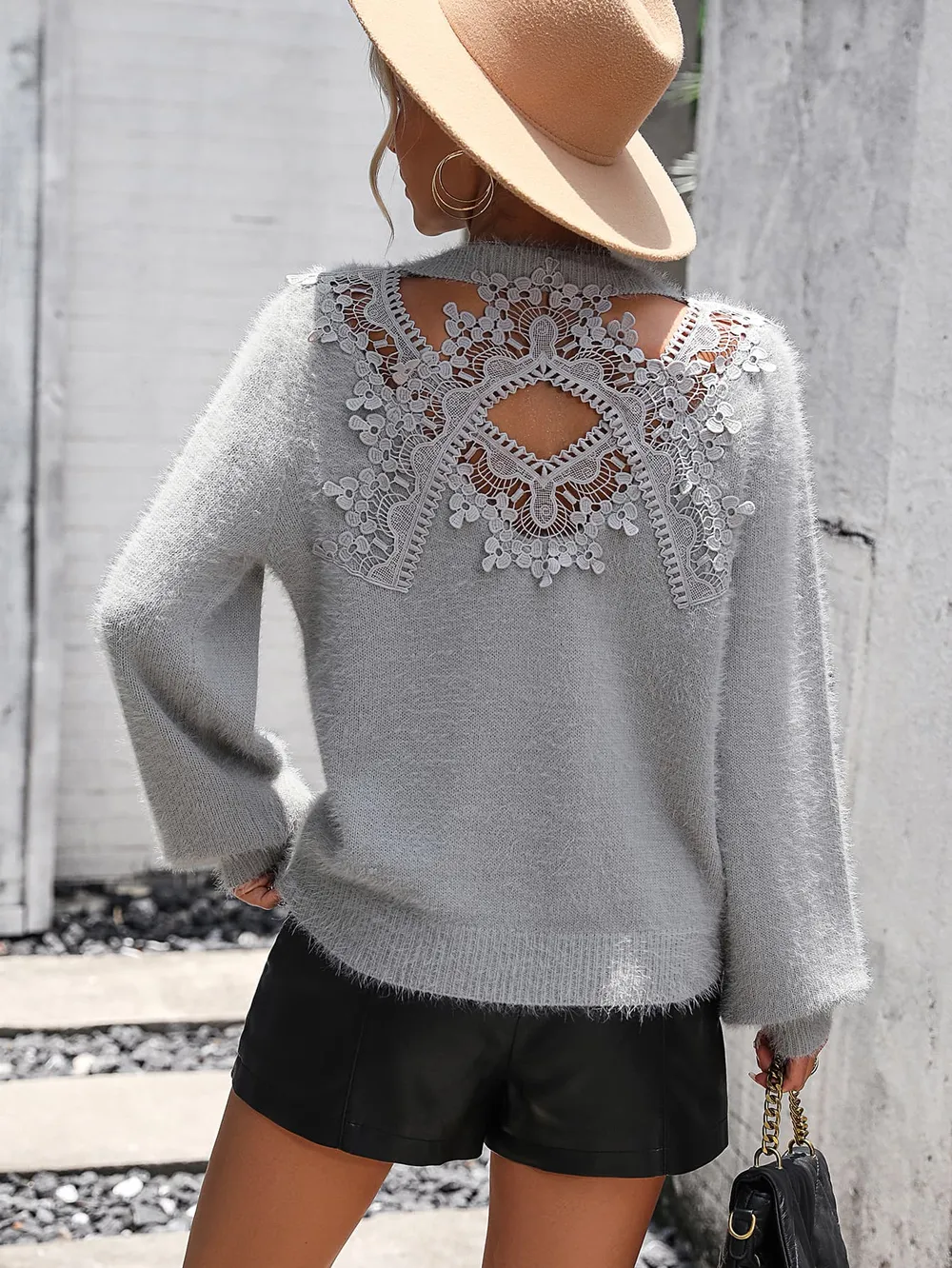 Lace Detail Cutout Long Sleeve Pullover Sweater, image 7