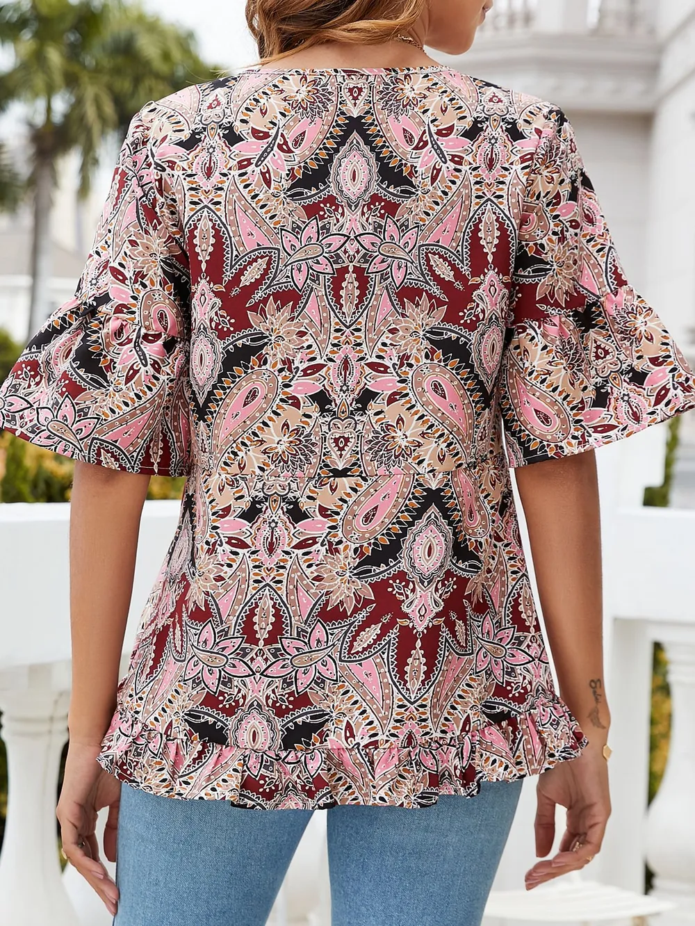 Printed Flounce Sleeve Ruffle Hem Blouse, image 6
