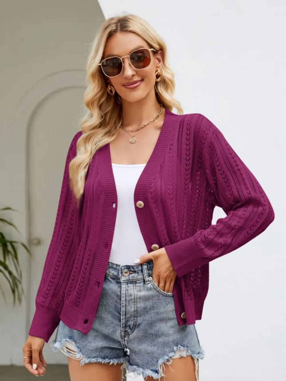 Button Down Ribbed Trim Cardigan, image 2