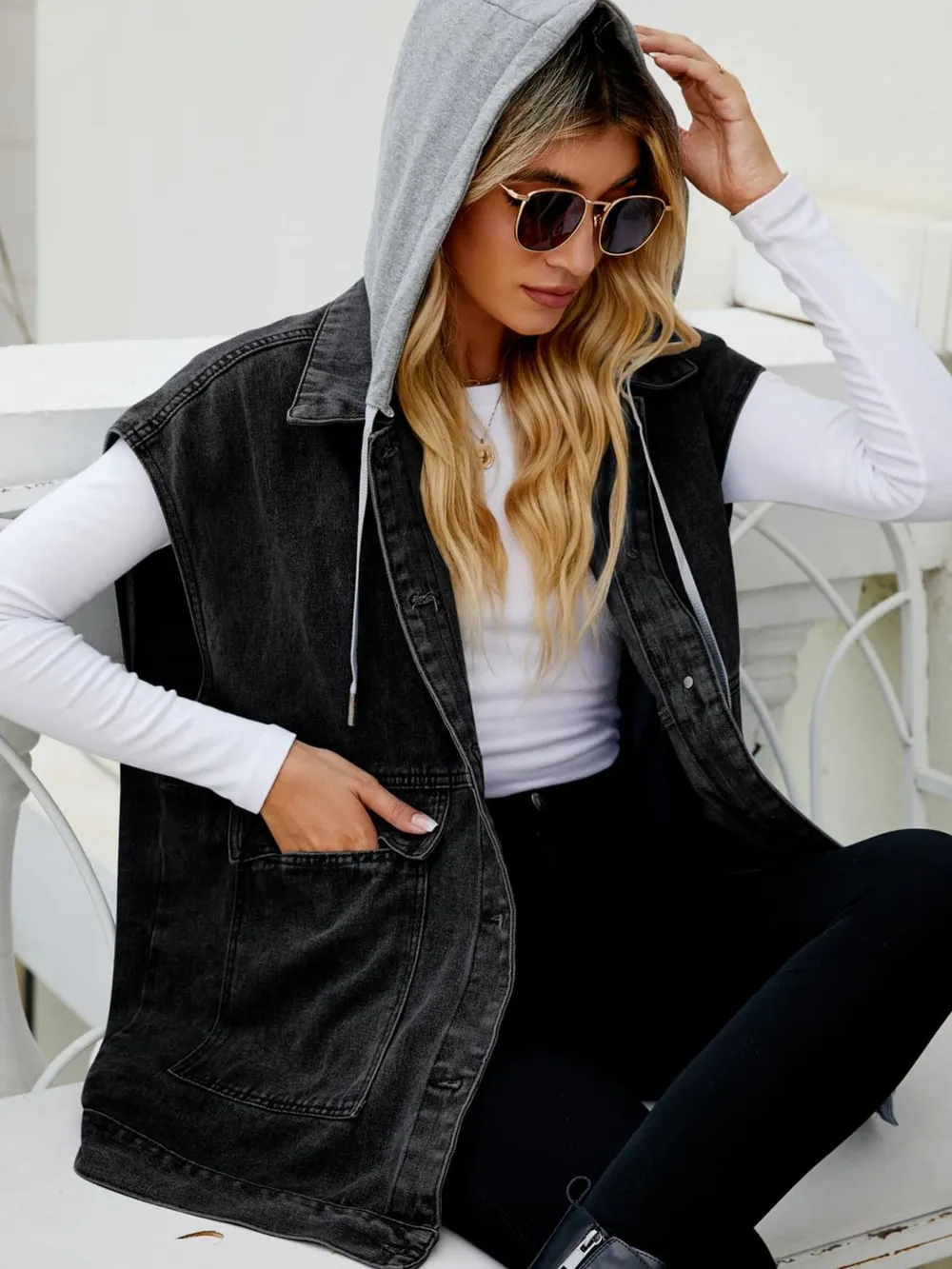 Hooded Sleeveless Denim Top with Pockets, image 8