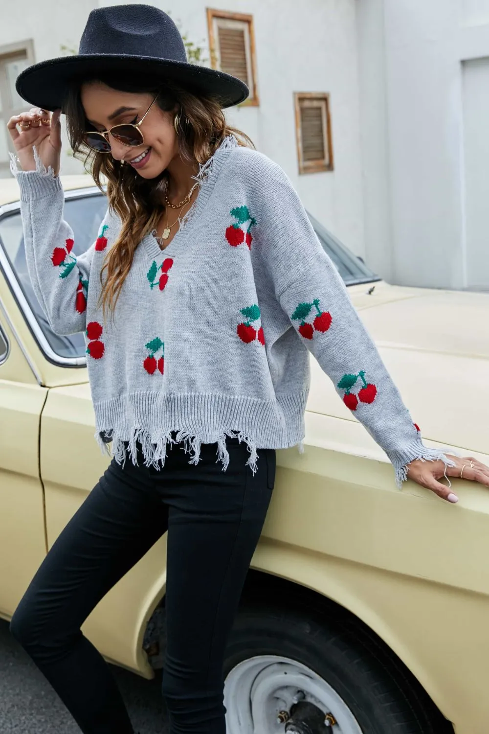 Cherry Pattern Frayed Trim V-Neck Sweater, image 3