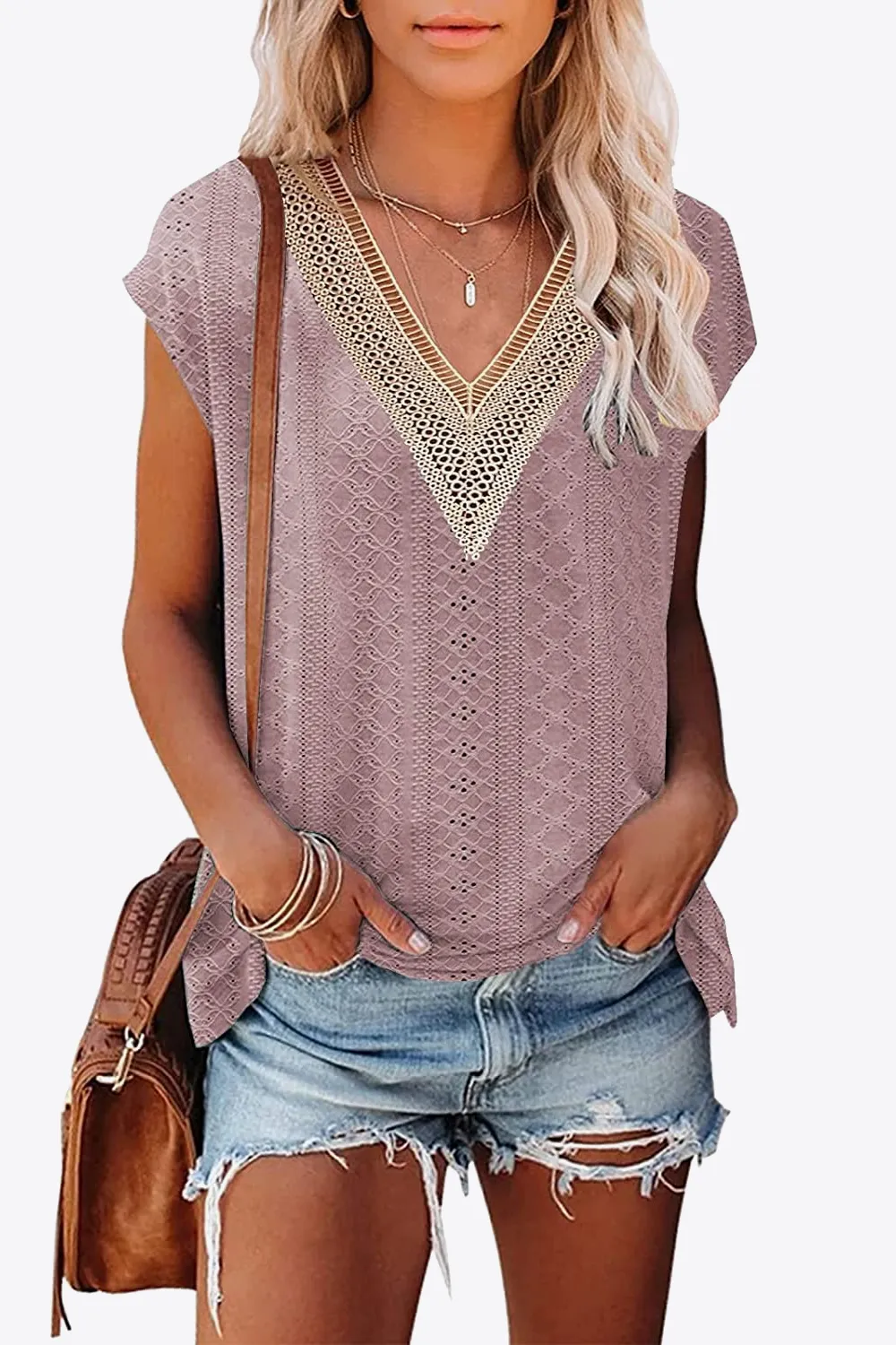 Eyelet Contrast V-Neck Tee, image 5
