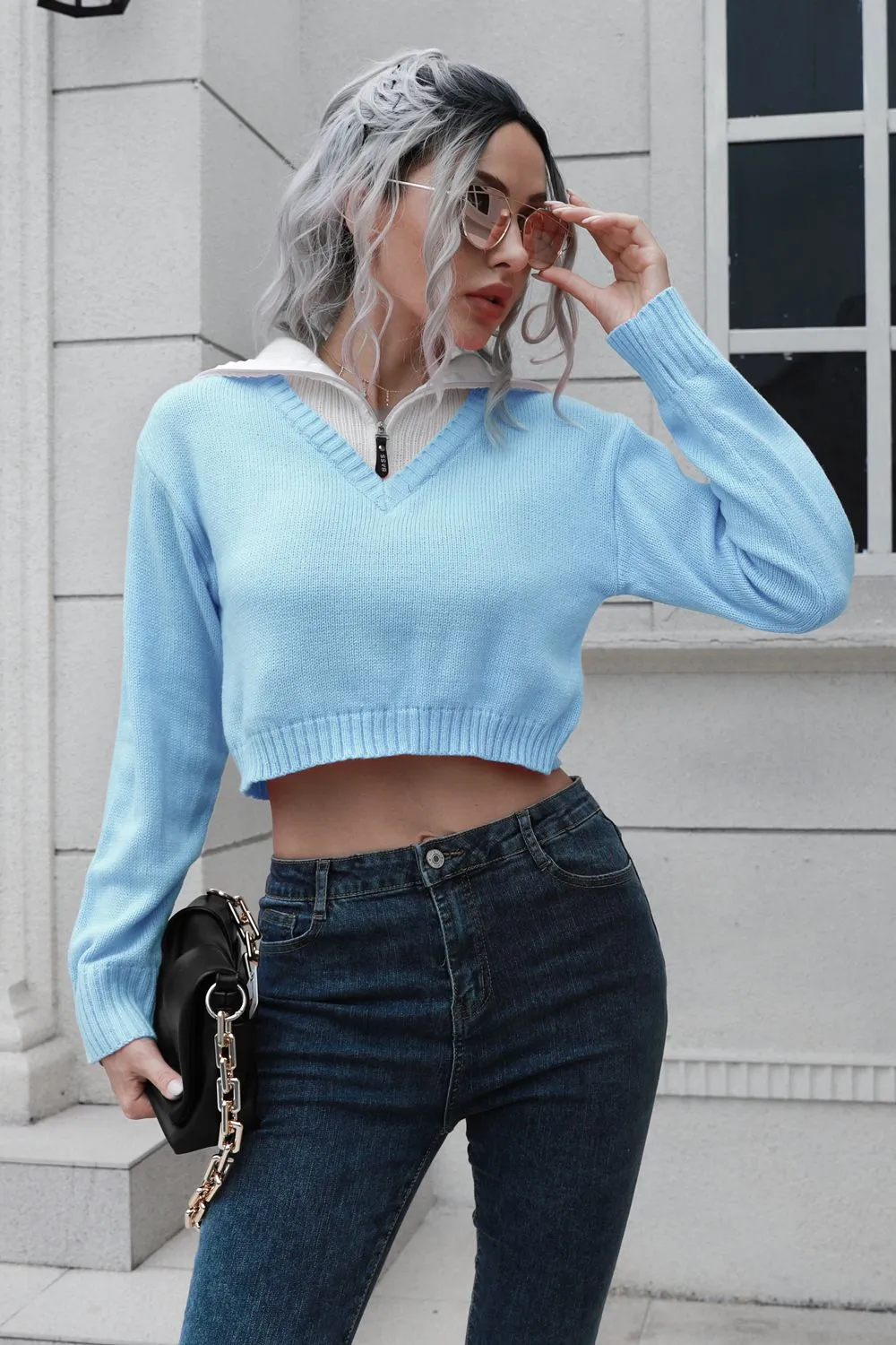 Contrast Collared Cropped Sweater, image 7