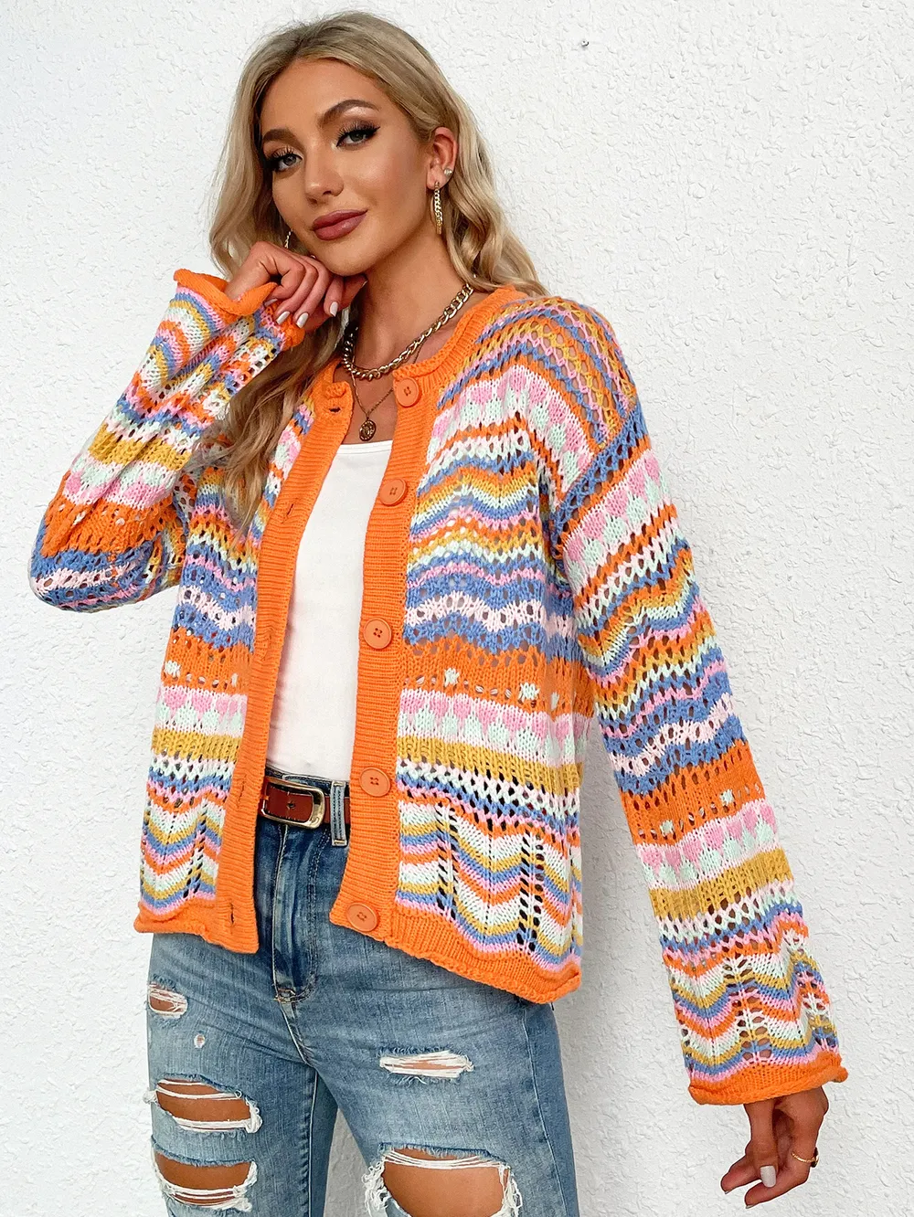 Chevron Stripes Openwork Cardigan, image 7