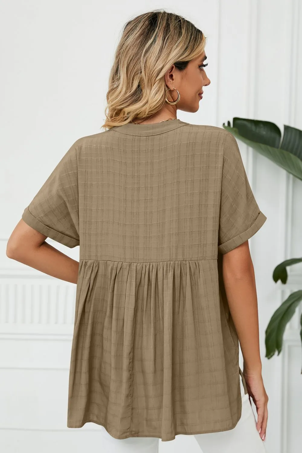 Side Slit Notched Neck Cuffed Short Sleeve Blouse, image 10
