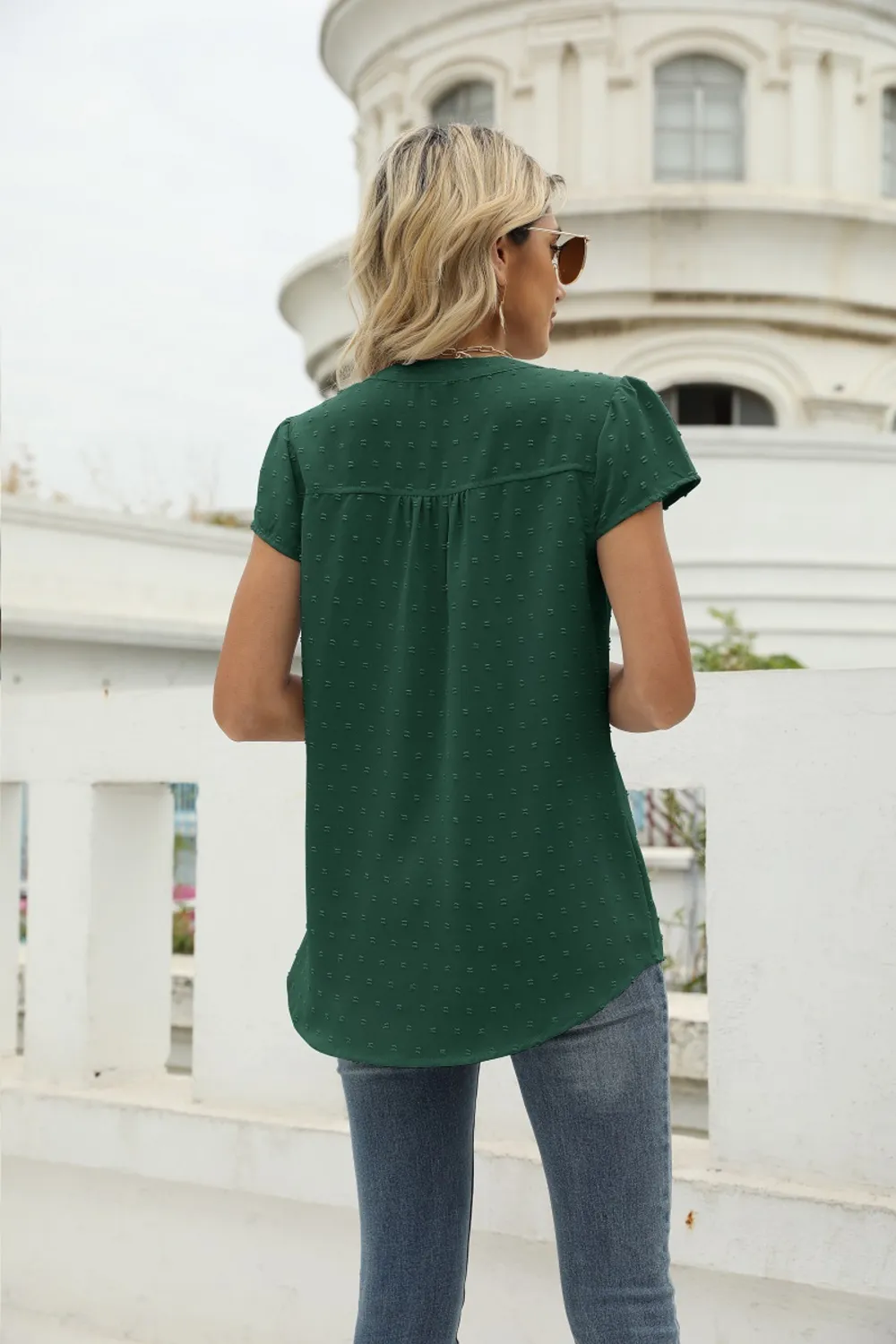 Swiss Dot Notched Neck Short Sleeve Top, image 3