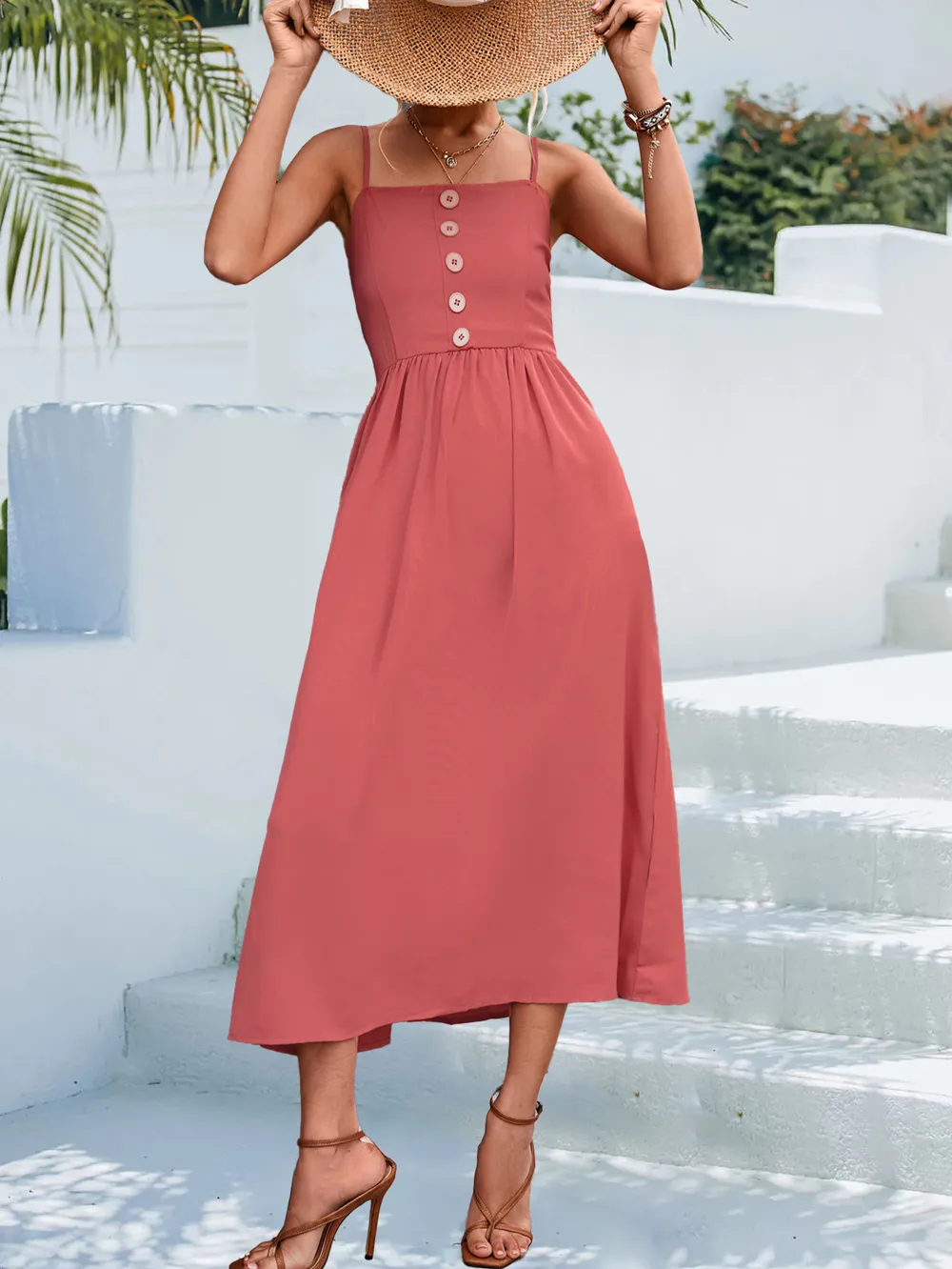 Decorative Button Spaghetti Strap Midi Dress, image 20
