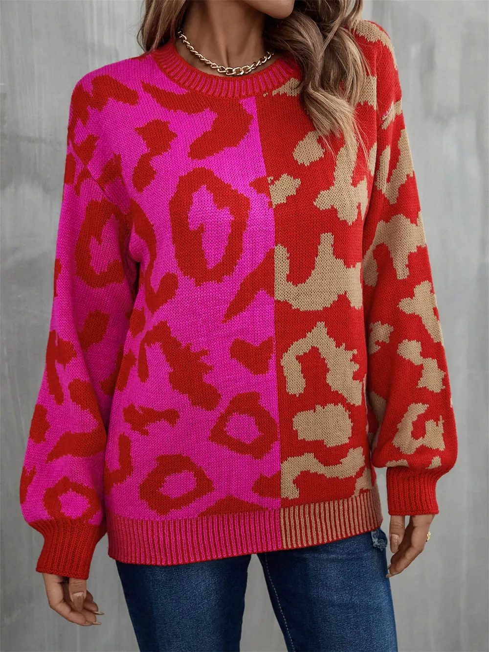 Round Neck Contrast Color Dropped Shoulder Sweater, image 2