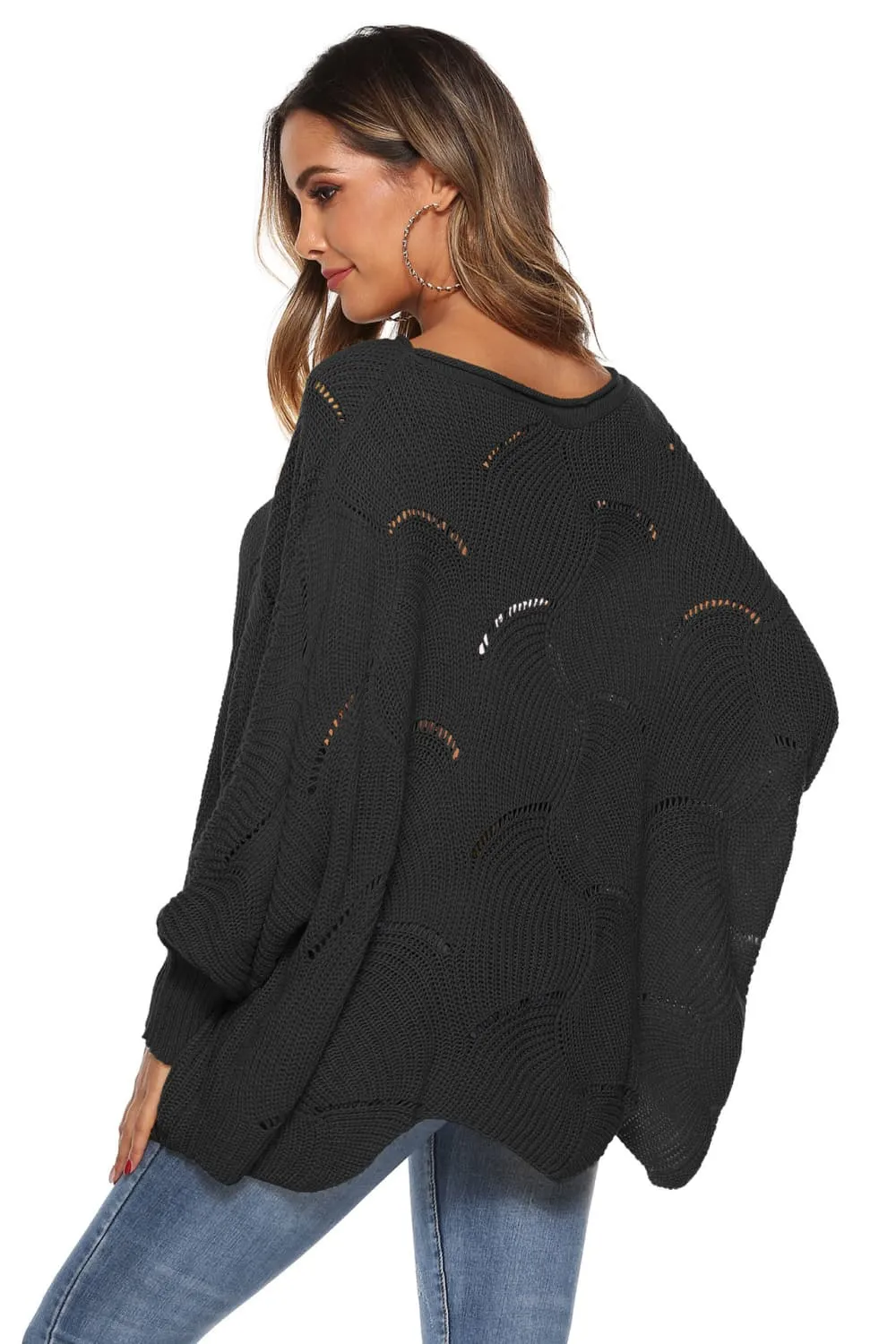 Round Neck Long Sleeve Openwork Sweater, image 3