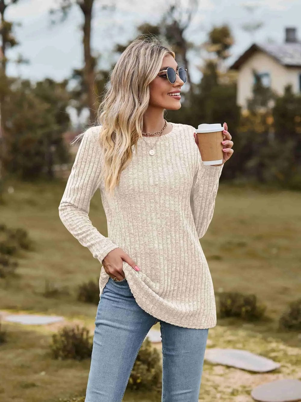 Ribbed Round Neck Long Sleeve Tee, image 19