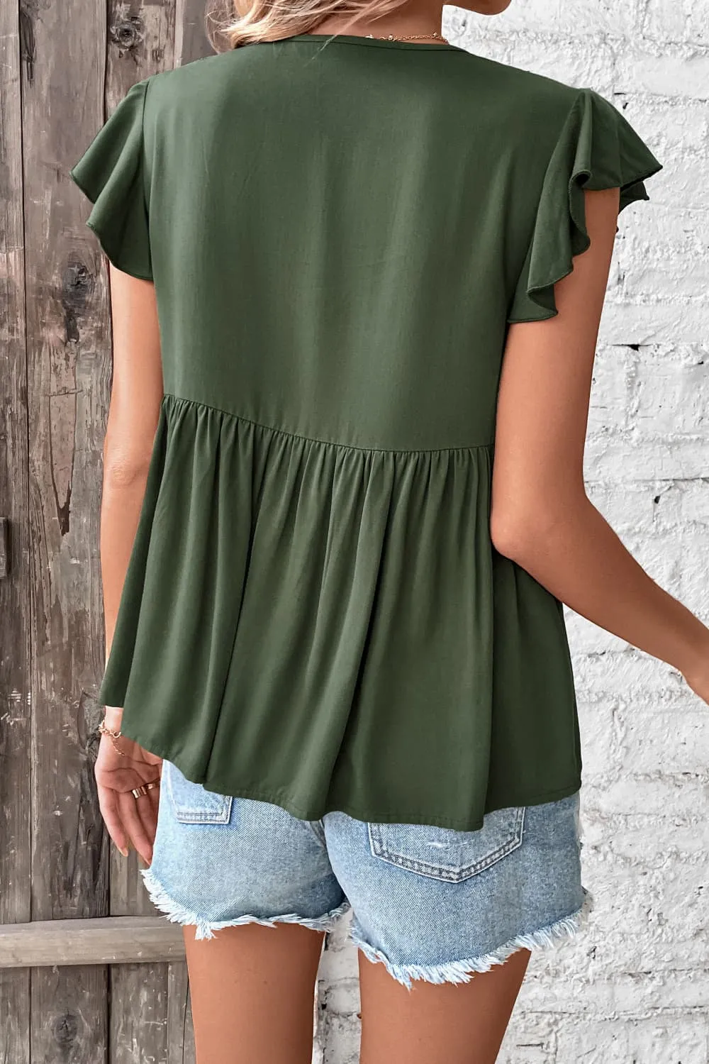 Buttoned Tie Neck Flutter Sleeve Babydoll Top, image 2
