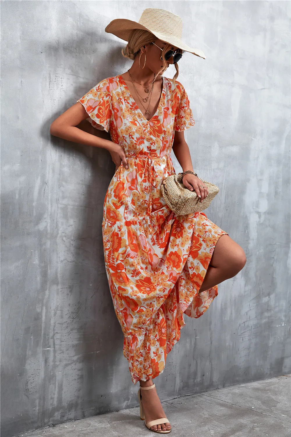 Floral Buttoned Drawstring Waist Tiered Dress, image 15