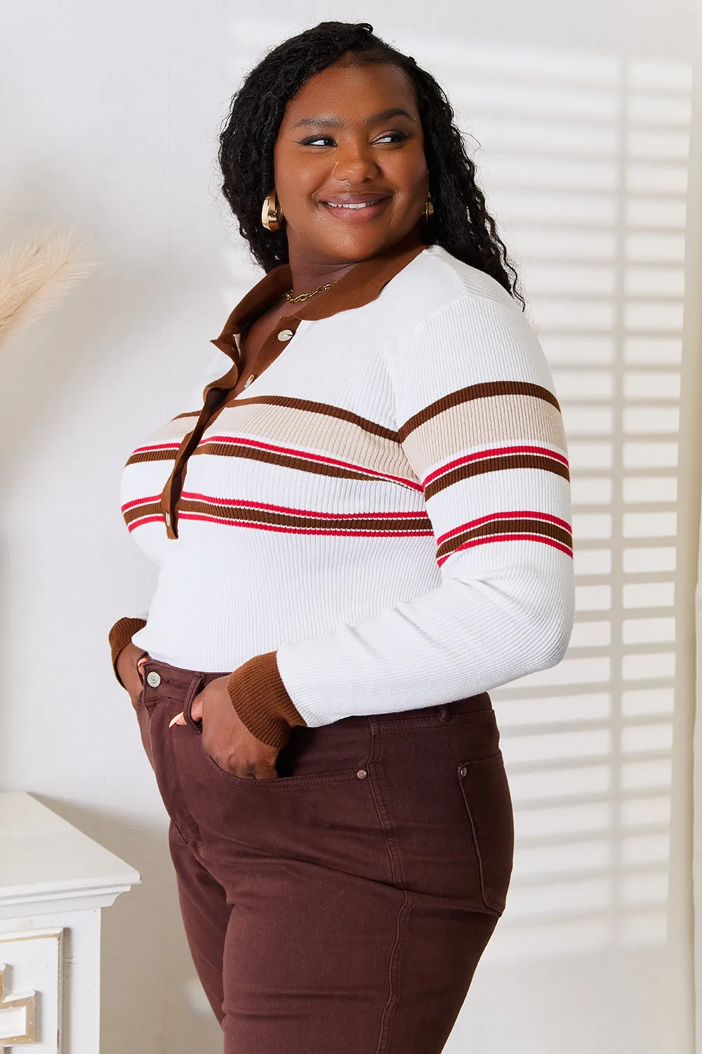 Striped Collared Neck Rib-Knit Top, image 7