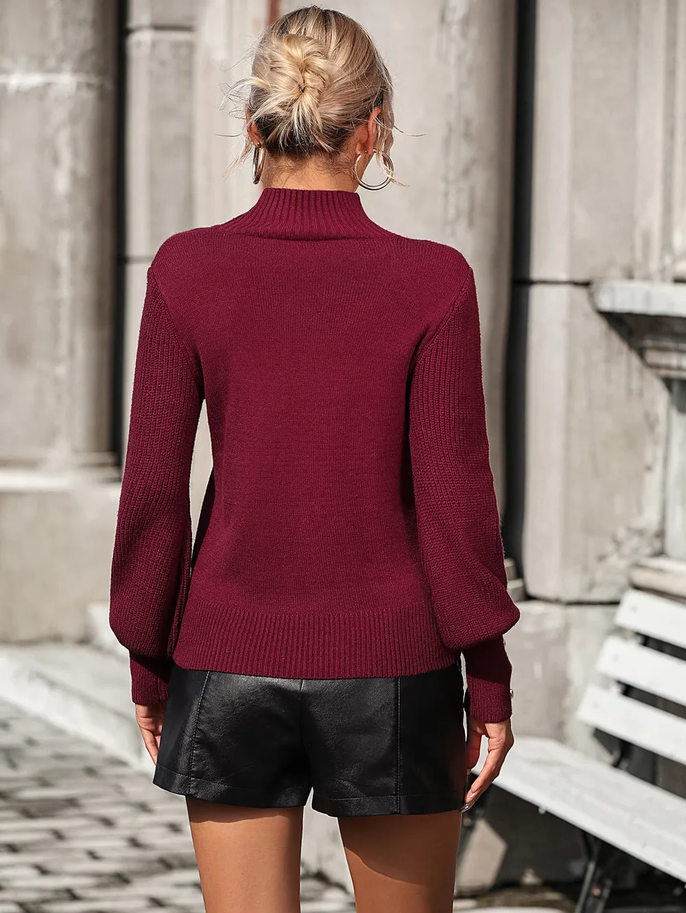 Mock Neck Ribbed Lantern Sleeve Pullover Sweater, image 12