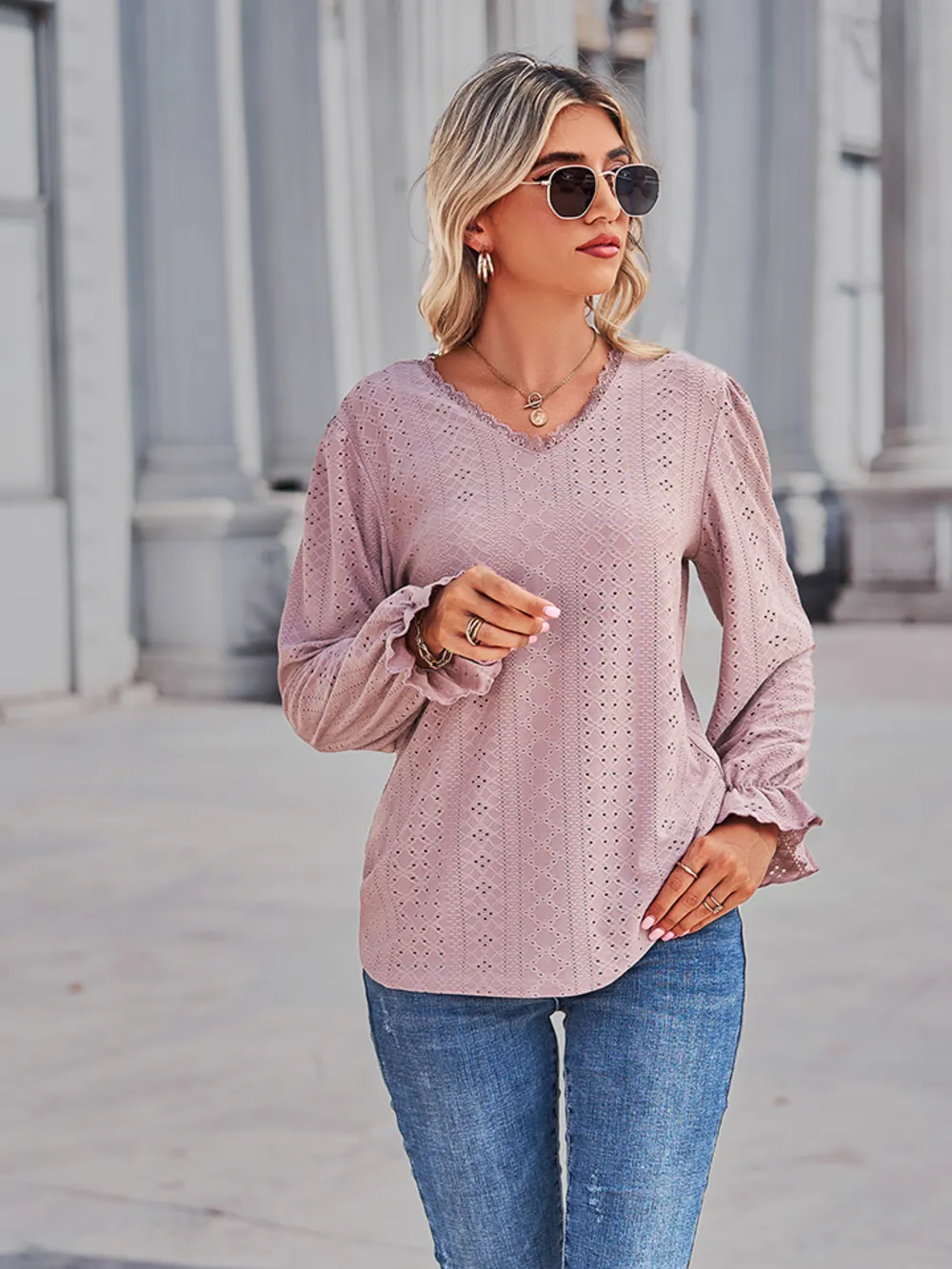 Eyelet V-Neck Flounce Sleeve Blouse, image 8
