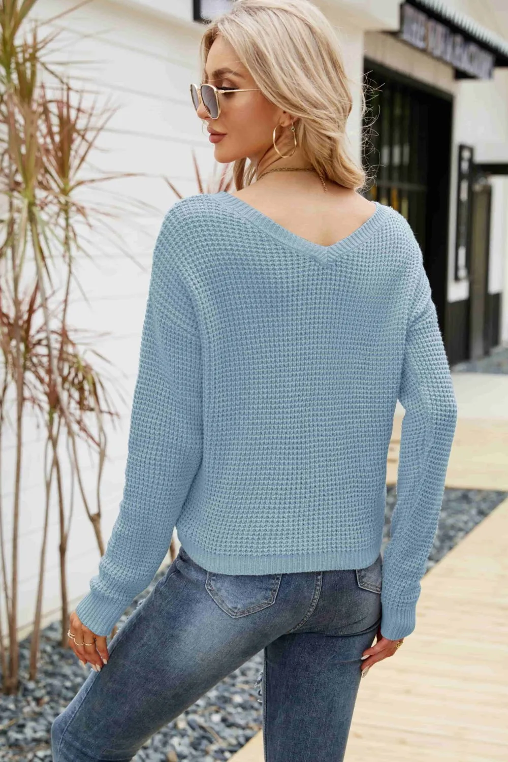 Waffle-Knit Drawstring Detail V-Neck Sweater, image 5