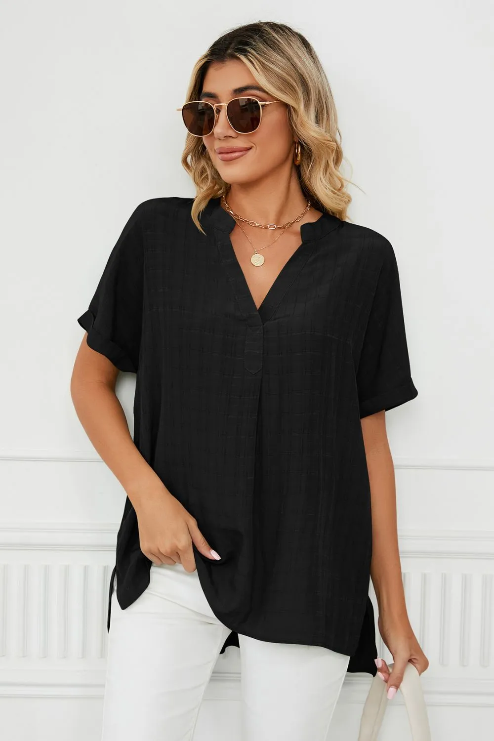 Side Slit Notched Neck Cuffed Short Sleeve Blouse, image 14