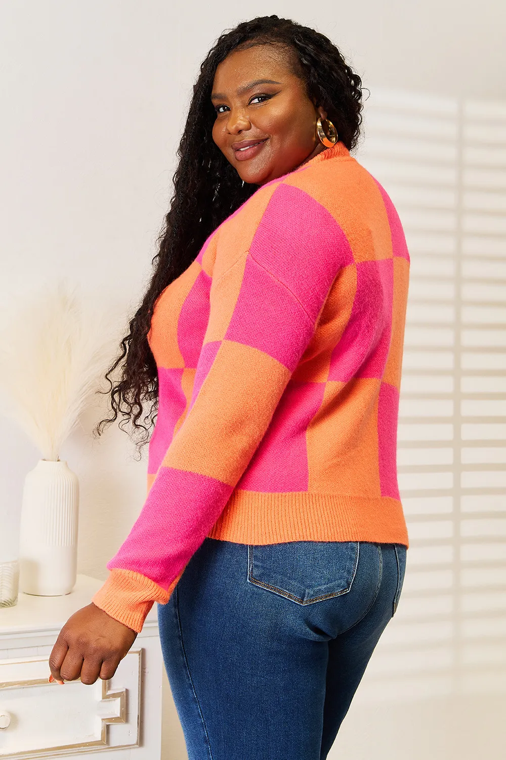 Checkered V-Neck Dropped Shoulder Cardigan, image 9