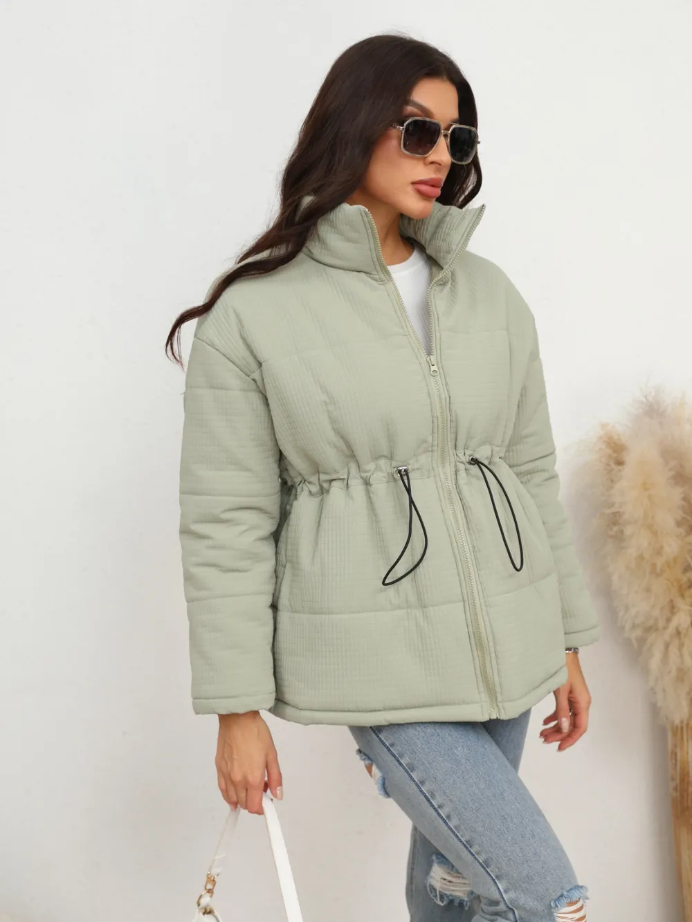 Drawstring Waist Zip-Up Puffer Jacket, image 4