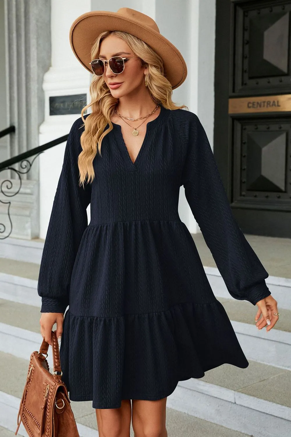 Notched Neck Long Sleeve Mini Dress, image 16