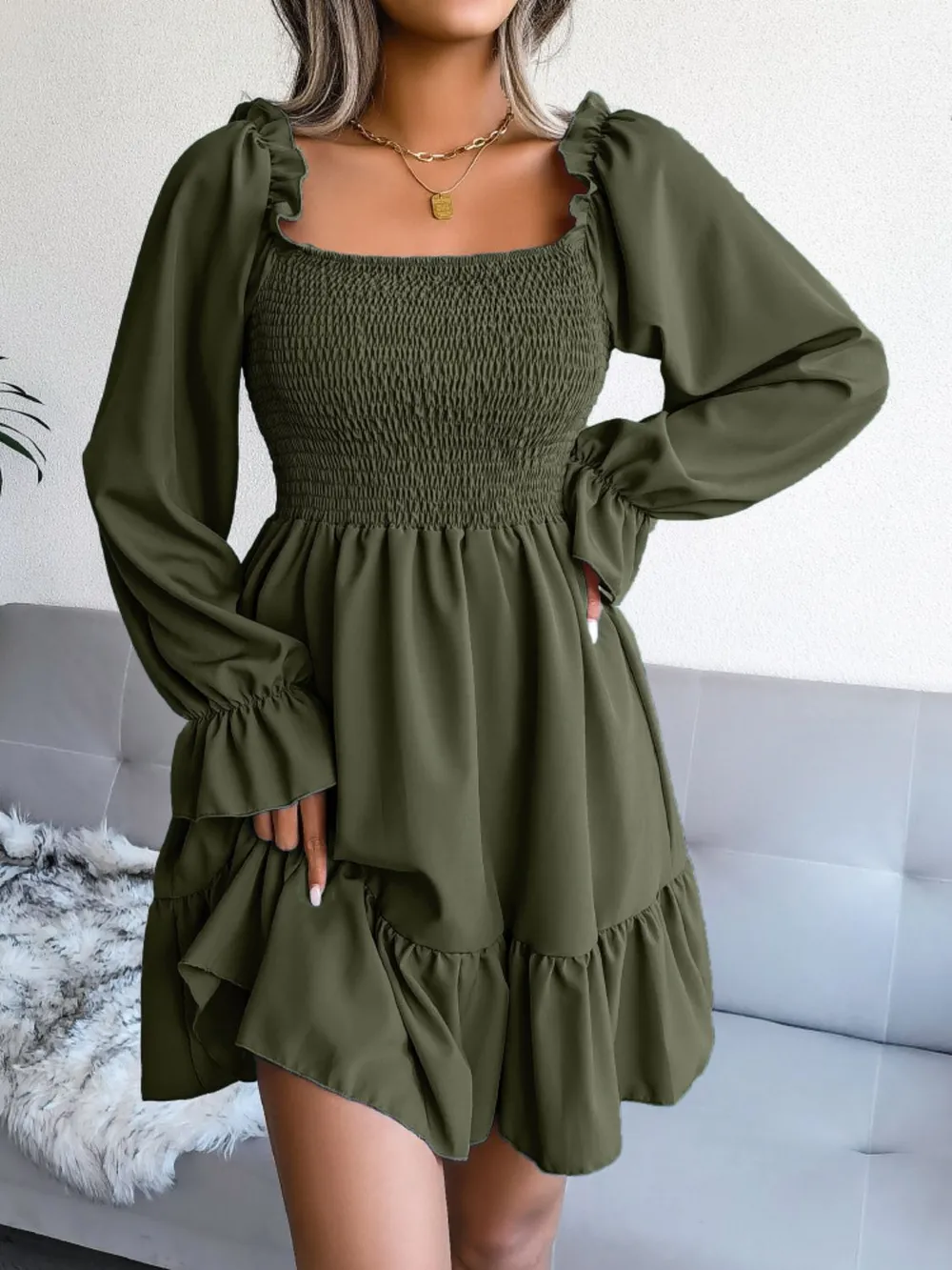 Smocked Flounce Sleeve Square Neck Dress, image 5