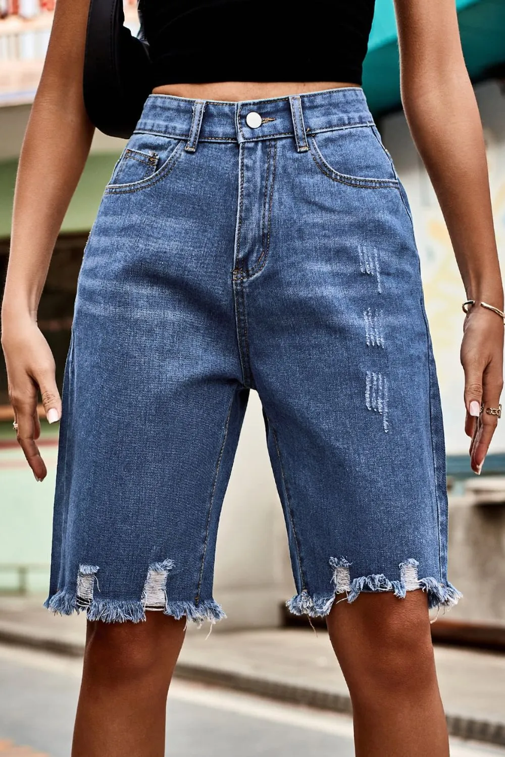 Raw Hem High Waist Denim Shorts with Pockets, image 7