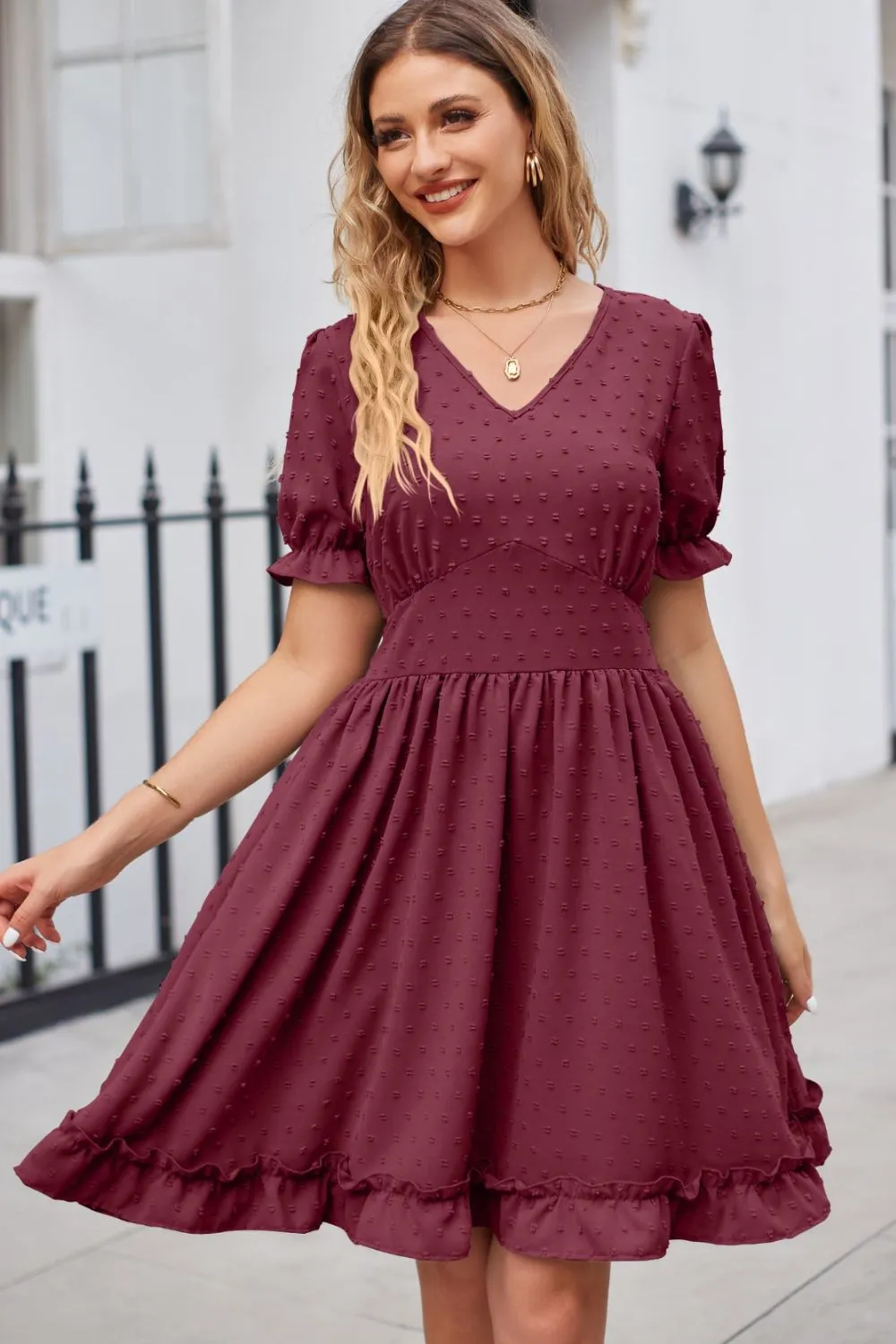 Swiss Dot Frill Trim Flounce Sleeve V-Neck Dress, image 13