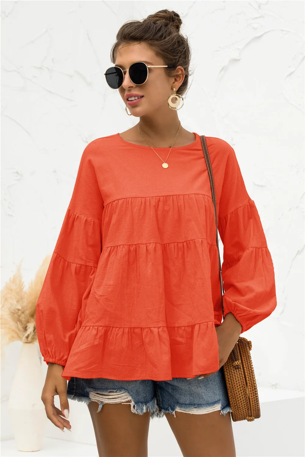 Round Neck Bubble Sleeve Tiered Blouse, image 13