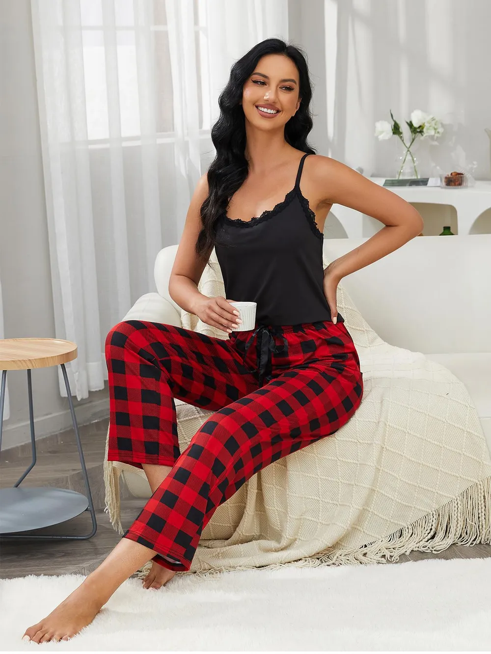 Lace Trim Cami and Plaid Pants Lounge Set, image 3