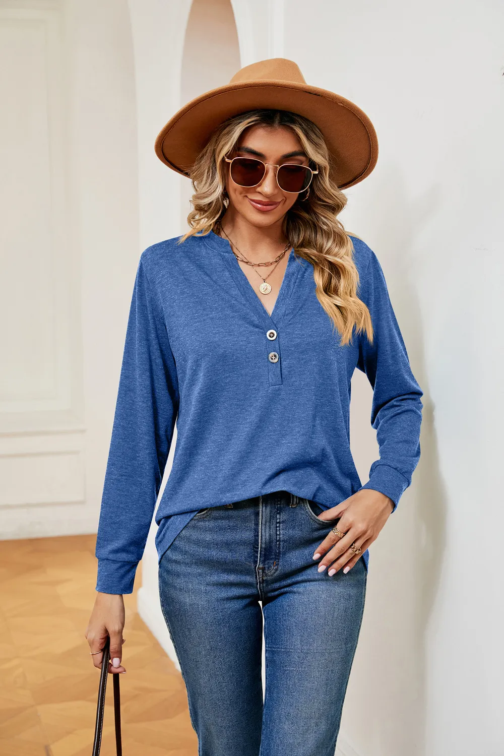 Buttoned Notched Neck Long Sleeve Top, image 2