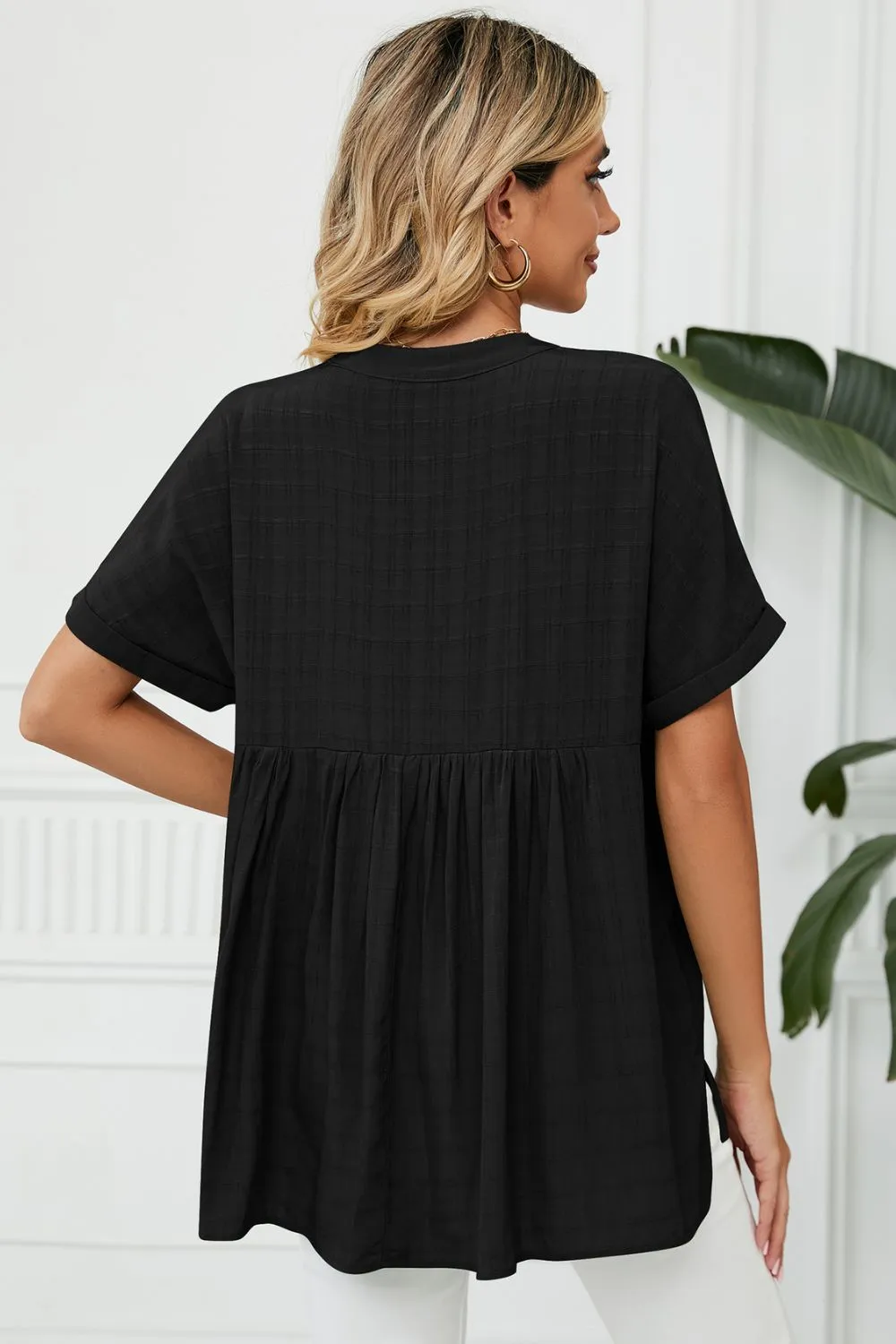 Side Slit Notched Neck Cuffed Short Sleeve Blouse, image 15