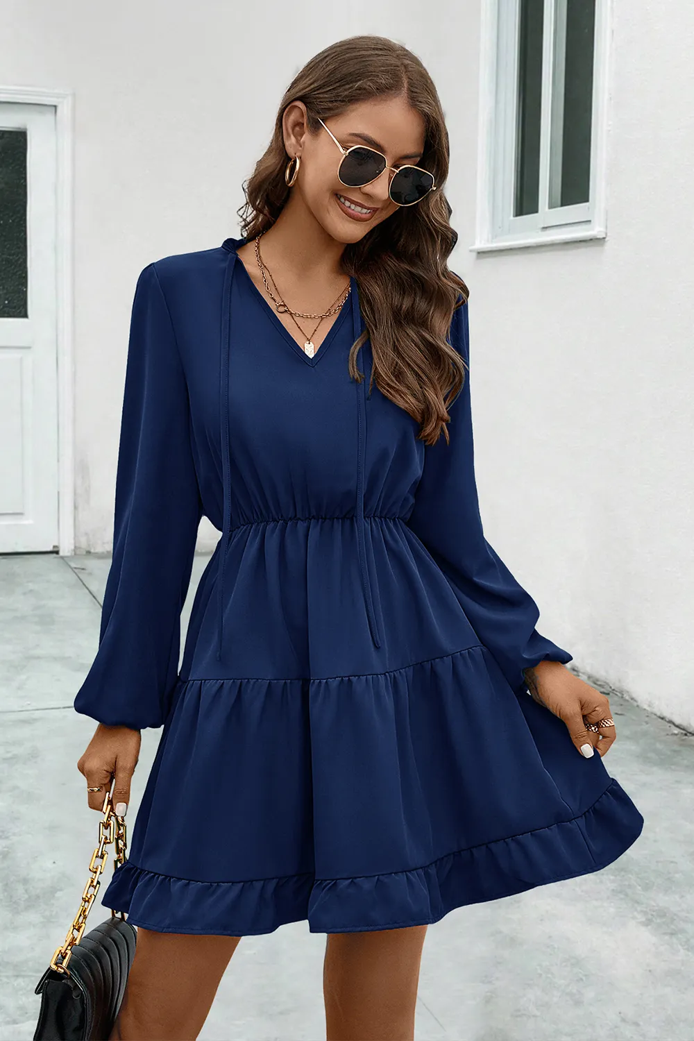 V-Neck Tie Neck Long Sleeve Dress, image 11