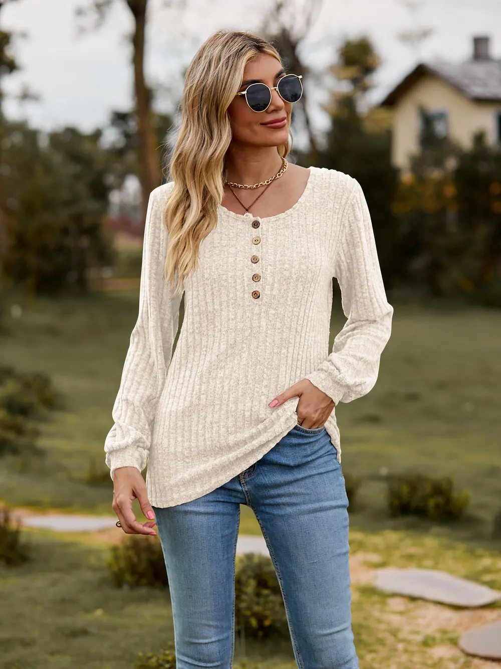 Round Neck Button-Down Long Sleeve Tee, image 11
