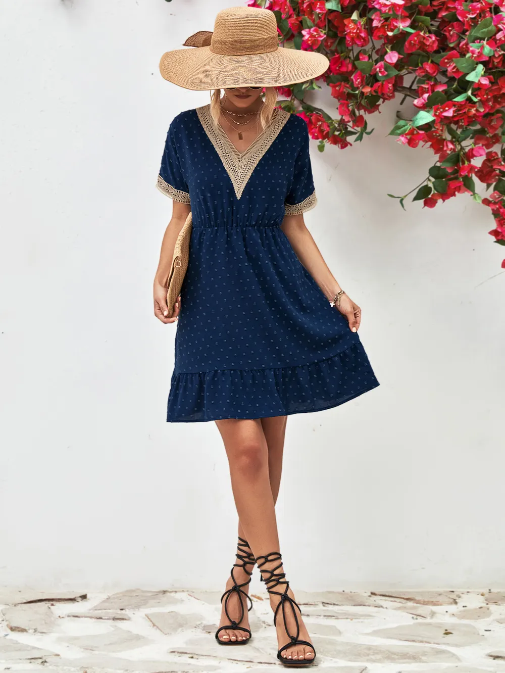 Contrast V-Neck Short Sleeve Mini Dress, image 9