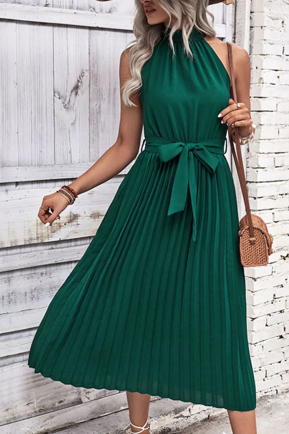 Tie Belt Pleated Midi Dress, image 3