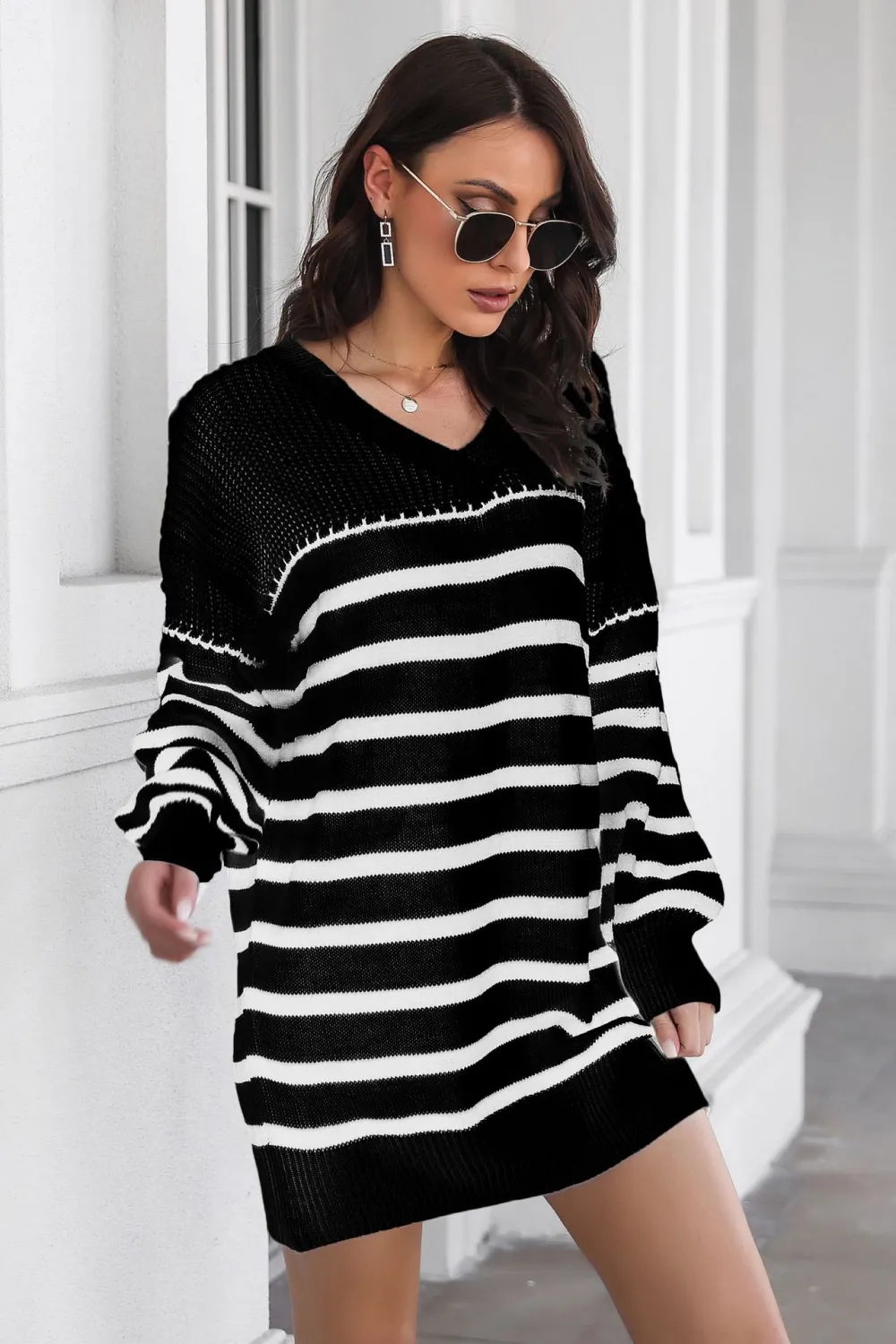 Striped V-Neck Drop Shulder Sweater Dress, image 5