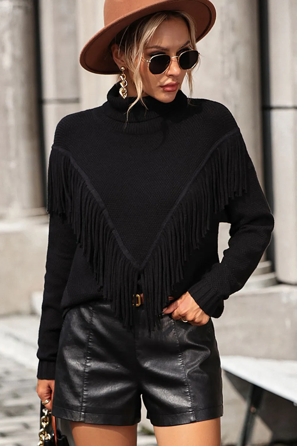 Turtle Neck Tassel Front Long Sleeve Pullover Sweater, image 7