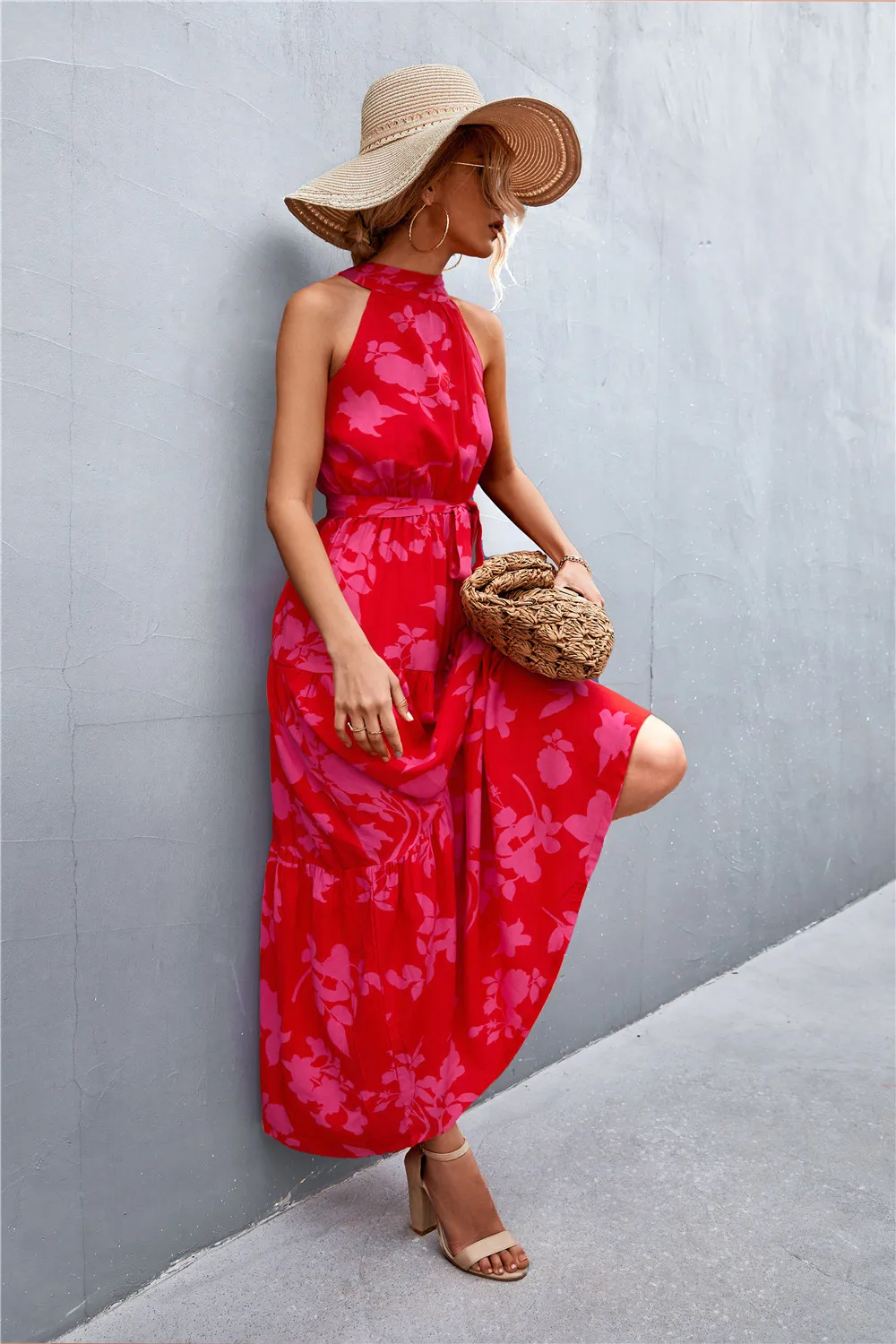 Printed Sleeveless Tie Waist Maxi Dress, image 13