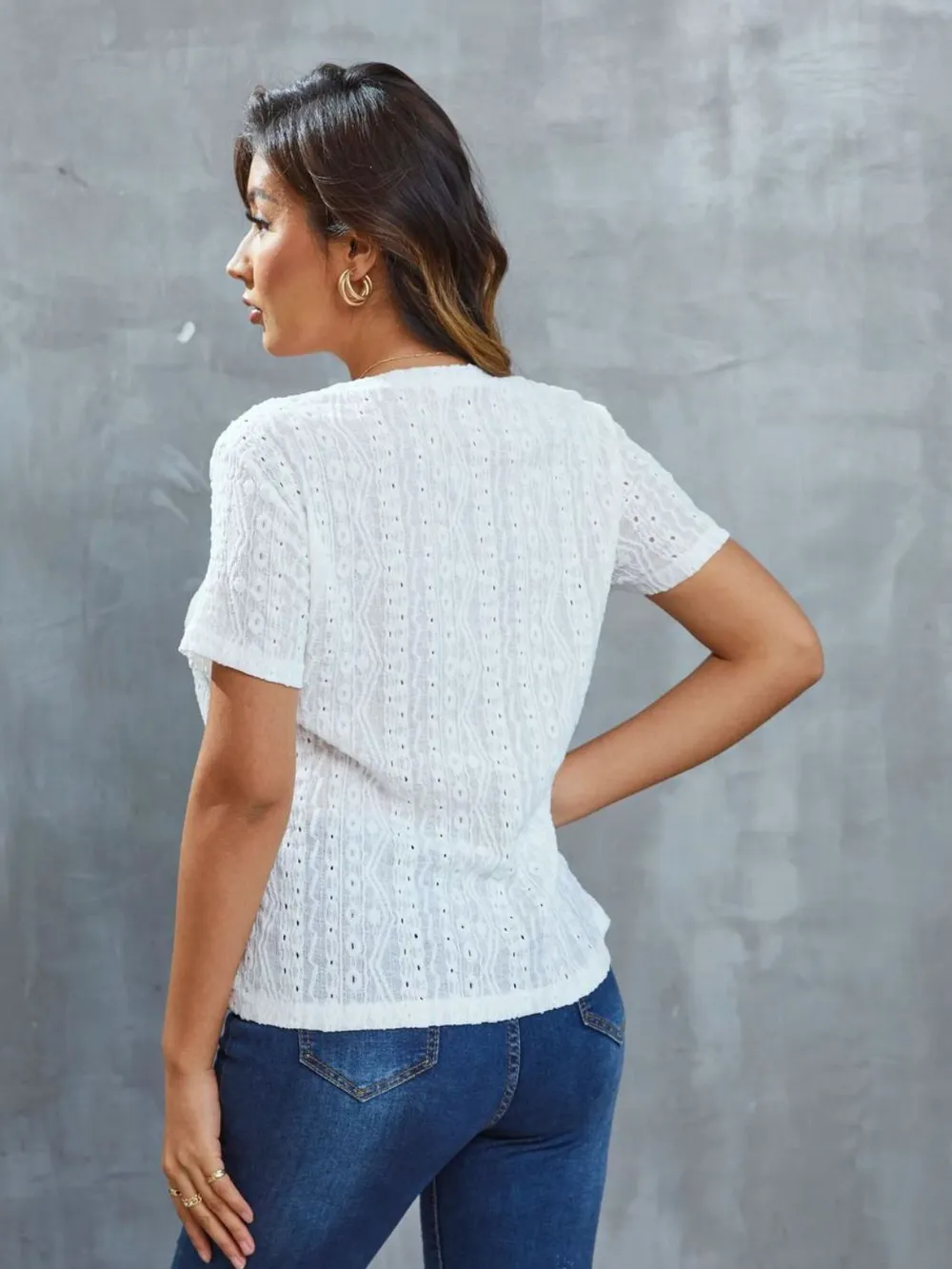Openwork Short Sleeve Round Neck Top, image 2