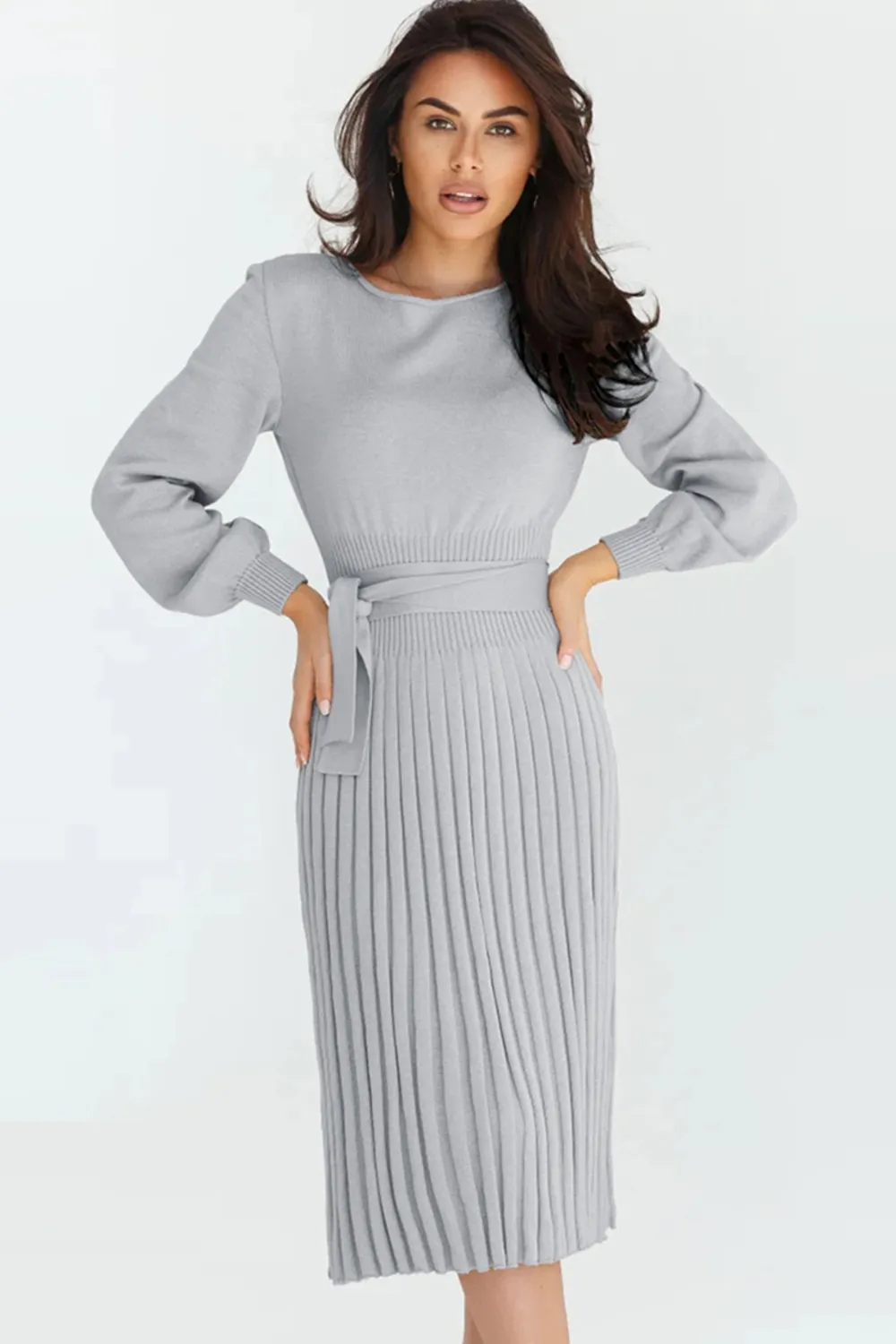 Round Neck Long Sleeve Pleated Sweater Dress, image 8