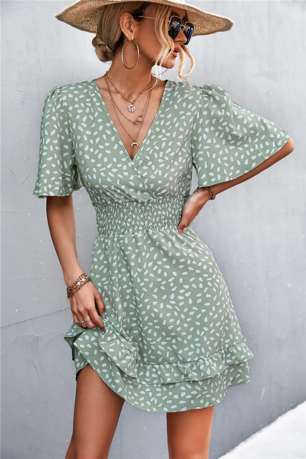 Printed Smocked Waist Layered Surplice Dress, image 12