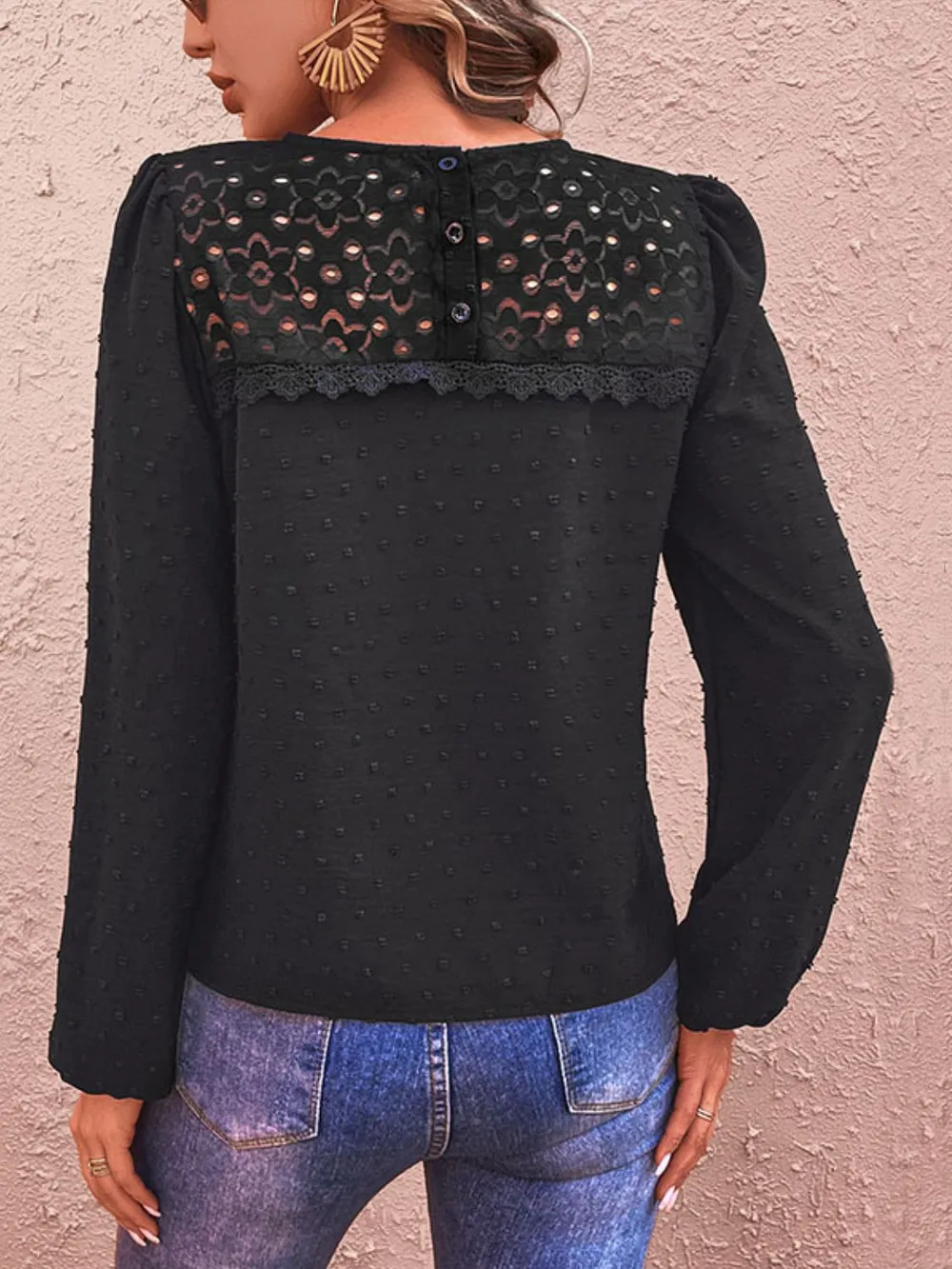 Swiss Dot Lace Trim Long Sleeve Blouse, image 2