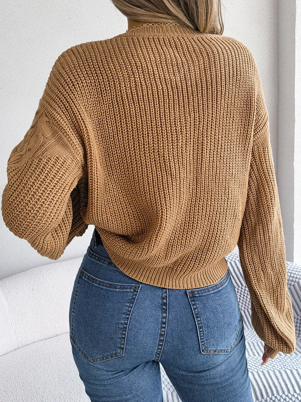 Cable-Knit Round Neck Drop Shoulder Sweater, image 6